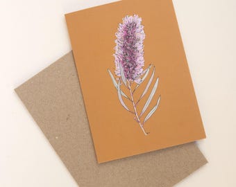 Bottlebrush on Mustard - Australian Native Any Occasion Greeting Card - Eco Friendly Hand Made Gift - Blank Inside