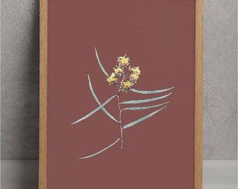 Wattle on Burgundy - Native Australian Printable Wall Art - Hand Painted - Digital Download