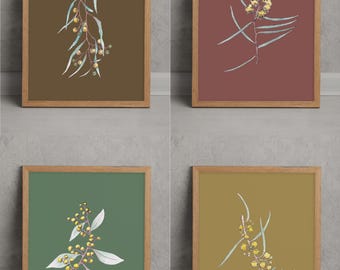 Set of 4 Wattle - Native Australian Printable Wall Art - Hand Painted - Digital Download