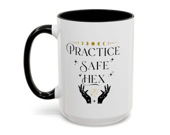 Practice Safe Hex Mug, Witchy Coffee Cup with Celestial Design, Halloween Astrology Gift