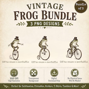 Könnte beinhalten: Digitales Vintage-Frosch-Bundle mit drei Designs. Jeder Frosch trägt einen Zylinder und fährt Einrad, Fahrrad oder Hochrad. Der Text lautet "Off to cause a kerfuffle". Geeignet für Sublimation, Drucke, Aufkleber und mehr.