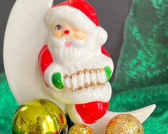 Assemblage Art, Santa Claus Sitting On A Moon, Punch Cup, Beads, Holiday Decor, Mid Century
