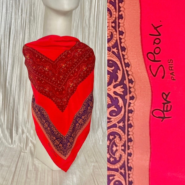 Large Silk Scarf, Per Spook Paris, Red Foulard, Navy, Earth Tones, Made in France, 35" Square