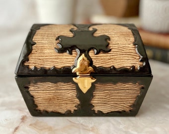 Ceramic Treasure Chest, Trinket Box, Jewelry Box, Hand Painted, Artisan Made, Vintage 70s 80s