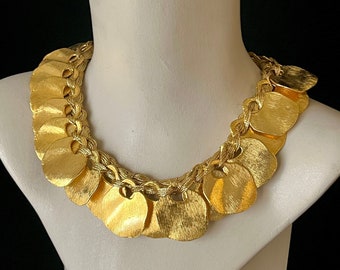 Statement Necklace, Brutalist, Sculpted Medallions, Woven Rope Metallic Cord, Hammered Metal, Vintage Jewelry