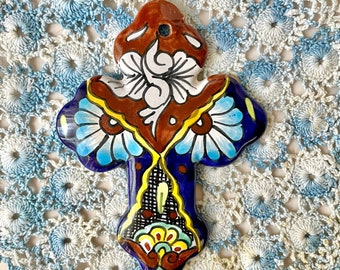 Vintage Wall Cross, Mexico Pottery, Talavera Style, Hand Painted, Religious, Home Decor