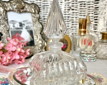 Faceted Cut Glass Perfume Bottle, Glass Dauber Top, Dresser, Vanity, Mid Century Vintage