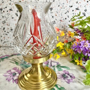 Vintage Brass Candle Holder, Engraved Crystal, Home Decor, Mid Century image 7