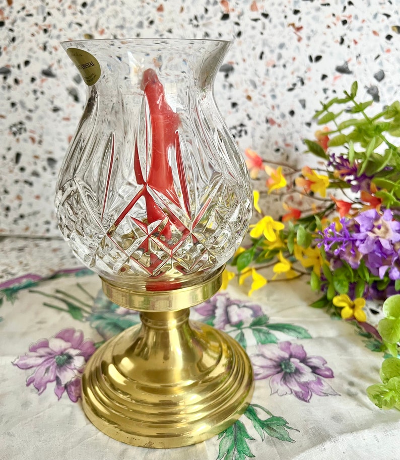 Vintage Brass Candle Holder, Engraved Crystal, Home Decor, Mid Century image 7