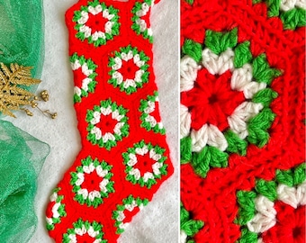 Chunky Knit Christmas Stocking, Granny Squares, Hand Made, Kitschy, Crochet, Vintage Holiday