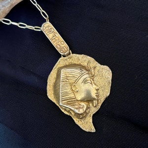 Egyptian Revival Necklace Pharoah, Sculptural Pendant, Vintage, Matte Gold Tone image 1