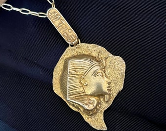 Egyptian Revival Necklace Pharoah, Sculptural Pendant, Vintage, Matte Gold Tone