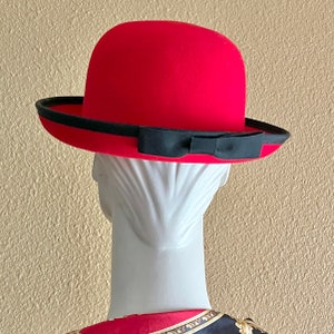 Red Wool Hat, Black Trim, Back Bow, Derby Style, Bowler, Vintage 80s 90s image 3