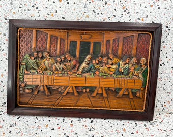 Large Vintage Wood and Faux Carved Last Supper Wall Hanging & Free