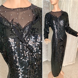 Glitzy Sequin Beaded Dress, Sheer Illusion, Evening Cocktail Maxi Cut Out Back 80s 90s image 1