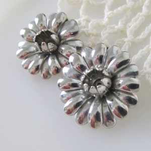 Statement Earrings,Vintage 60s, Floral, Chrome Silver Tone, Clip