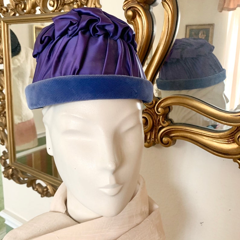 Statement Hat, Ruched Satin, Velvet Trim, High Crown, Violet, Navy, Vintage 60s image 2