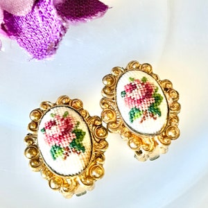 Vintage Artisan Earrings, Petit Point Stitching, Floral Design, Clip On,  50s 60s