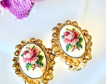 Vintage Artisan Earrings, Petit Point Stitching, Floral Design, Clip On,  50s 60s