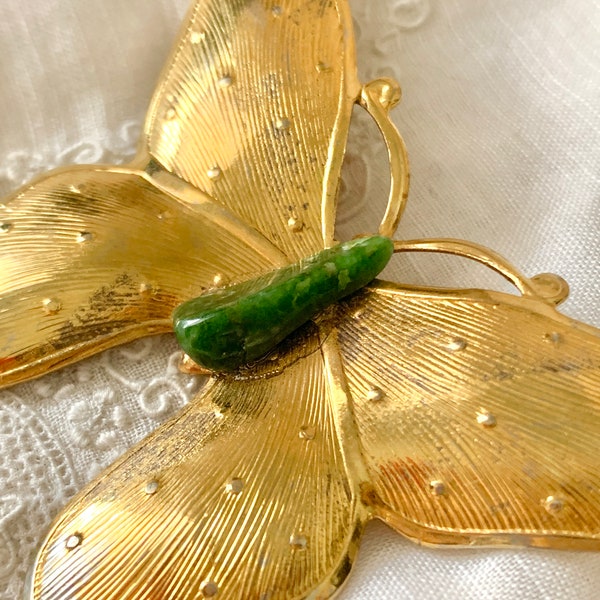 Butterfly Pin, Natural Polished Stone, Vintage Brooch, Aventurine, Malachite