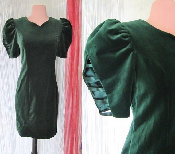 Vintage Sheath Dress, Cut Out Sleeves, Green Velv… - image 1