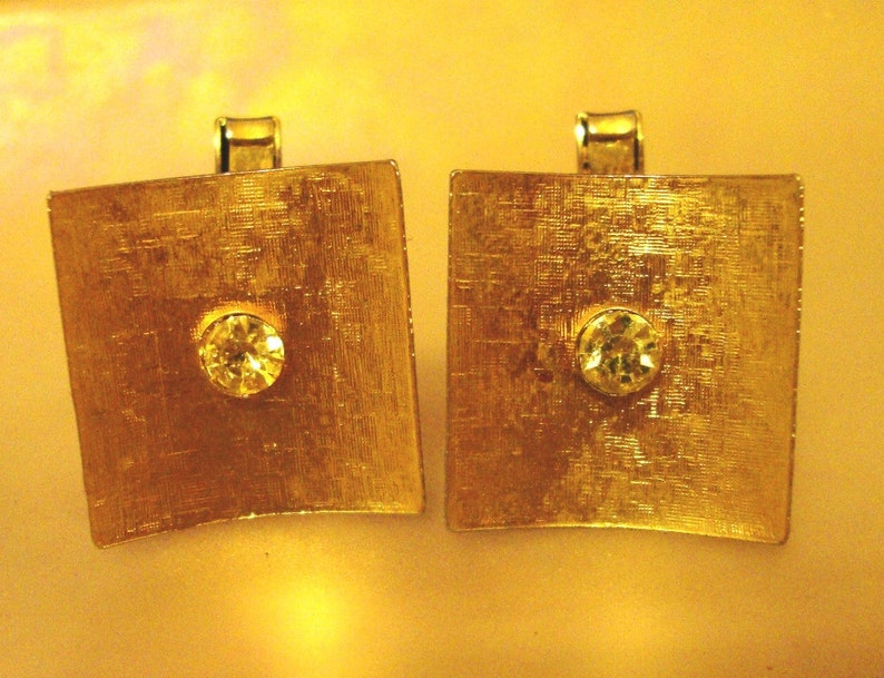 Cuff Links Vintage 60s 70s Textured Gold Tone CZ Rhinestone image 2