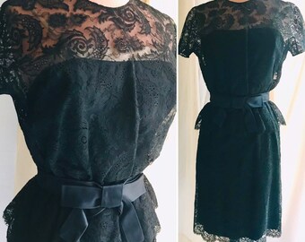 Sheer Illusion Cocktail Dress, Peplum, Black Lace, Party Dress, Pin Up, Vintage 50s 60s