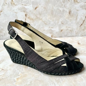 Espadrilles Wedge Sandals, Peep Toes, Linen Look Strappy Shoes, Rope Wedge, Italy, Vintage Sesto Meucci