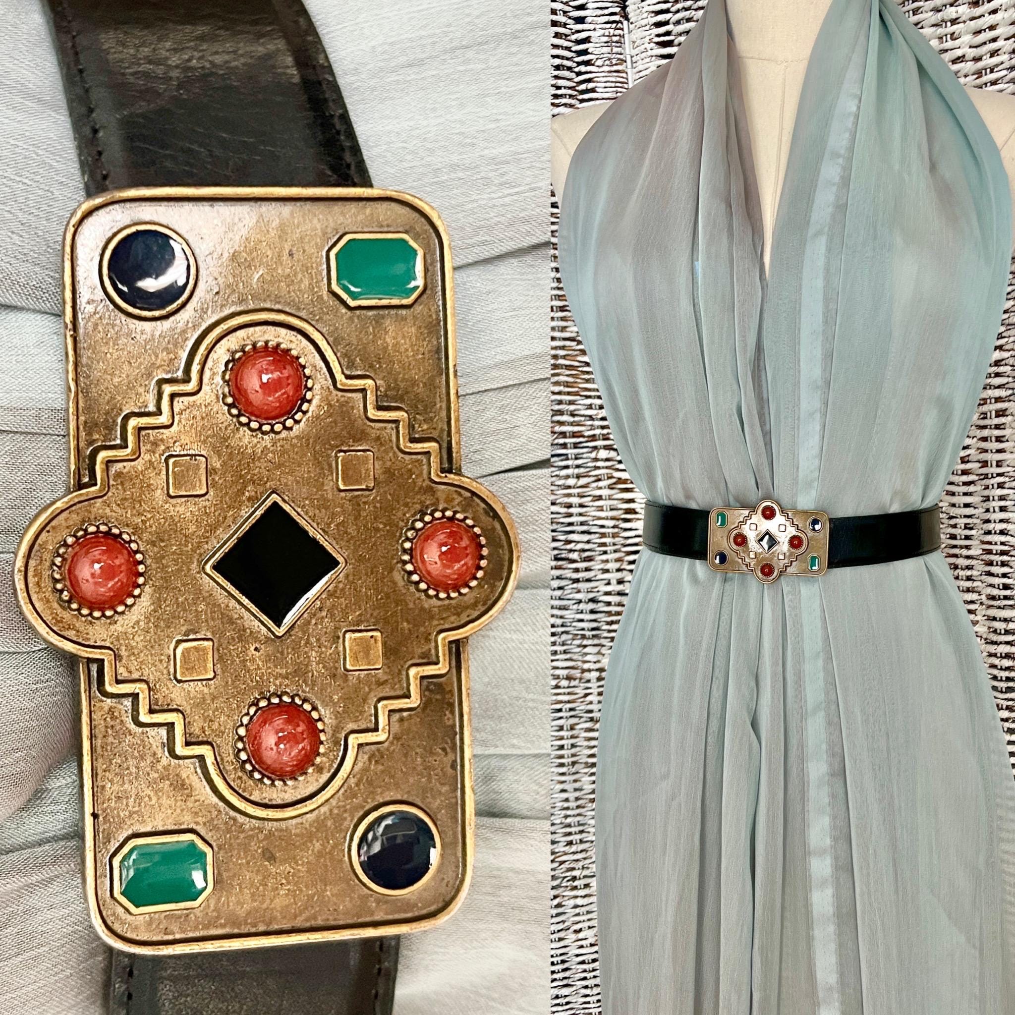 Vintage Gold Plated Statement Belt with Black Cabochons Keefe Belt in Black Leather with Gold – KHAITE main image 4
