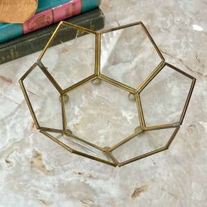 Glass and Brass Dish, Etched Design, Geometric Shape, Table Top Bowl, Vintage Home Decor image 3