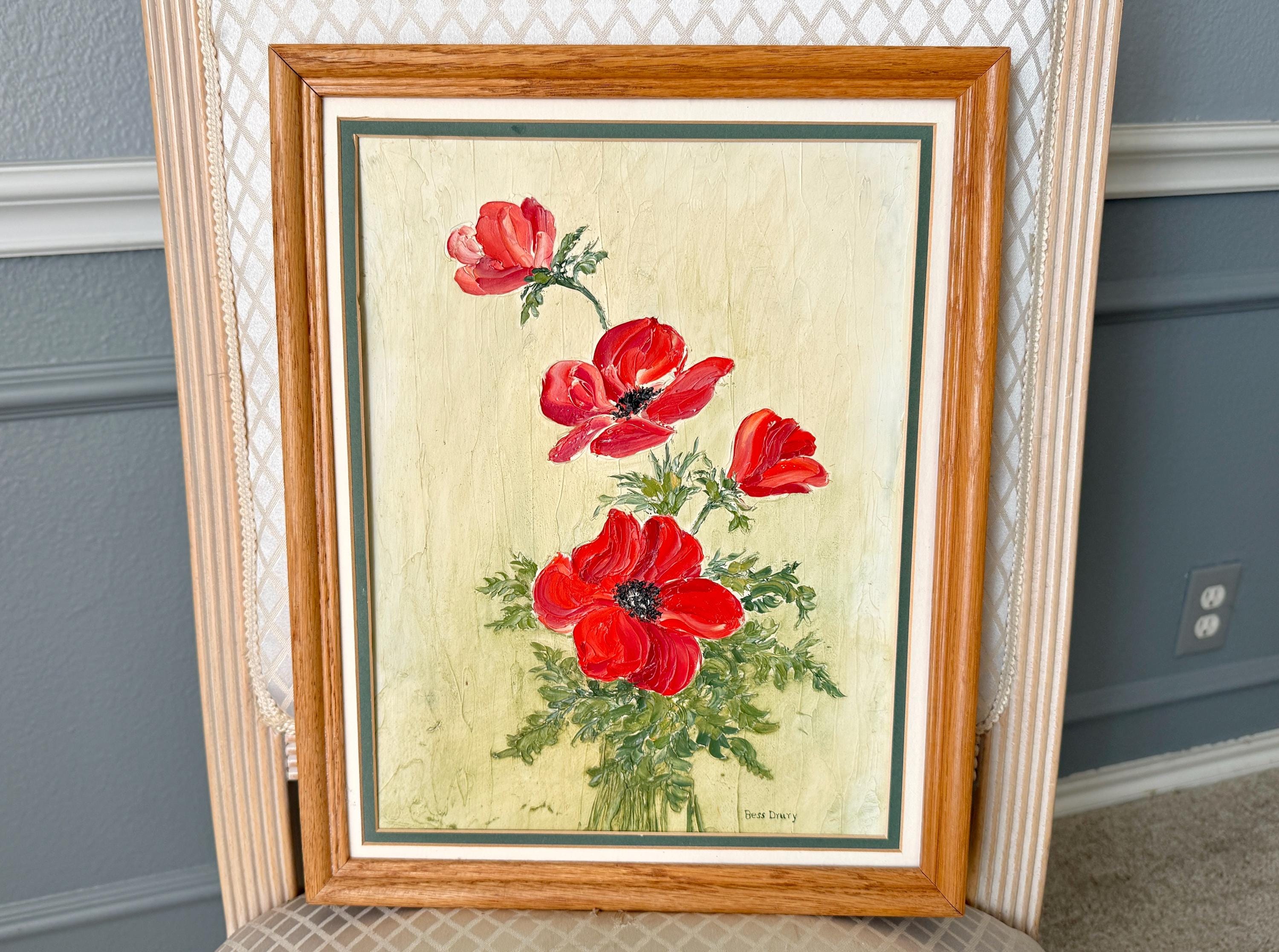 油絵 絵画 ポピーの花 油絵、ポピーの花の静物画、額入り、アーティストサイン入り、70年代80