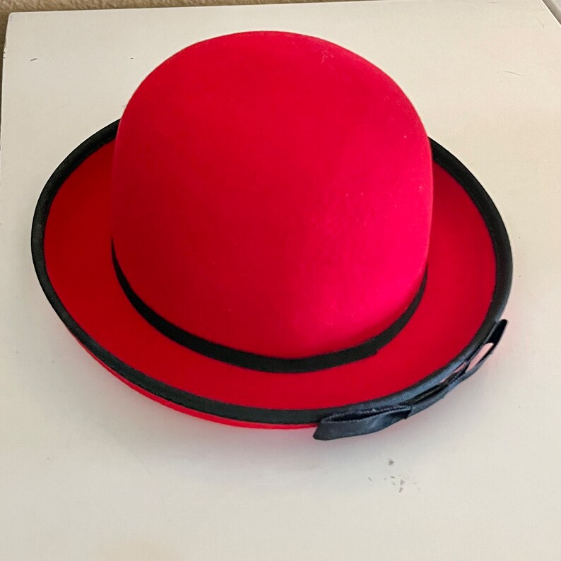 Red Wool Hat, Black Trim, Back Bow, Derby Style, Bowler, Vintage 80s 90s image 4