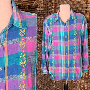 Embroidered Plaid Blouse, Bright Colors, Vintage 80s Shirt, Button Down, Plus Size