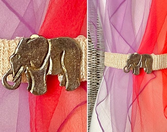 Raffia Statement Belt, Elephant Design Buckle, Stretch Adjustable Fit, Vintage 80s 90s