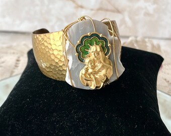 OOAK Vintage Cuff Bracelet, Virgin Mary, Religious, Natural Stone, Re-Worked, Upcycled, Hammered Metal