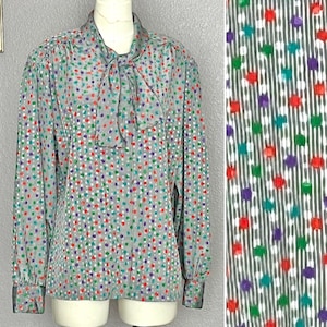 Vintage Secretary Blouse, Tie Front, Stripes Dots, High Neck, Button Down, Polyester Top, Plus Size