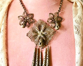 1930s Vintage Statement Necklace, Huge Pendant, Dangle, Cut Out, Lightweight Metal