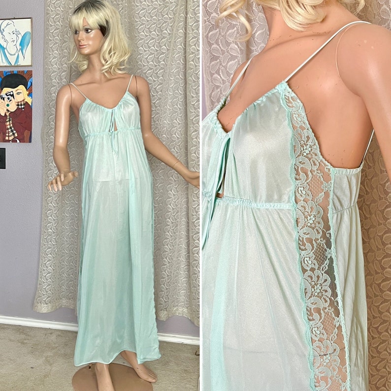 Vintage Slip Dress, Maxi Night Gown, Nightie, Sheer Lace, Low Neckline, Keyhole, Spaghetti Straps, Lingerie Negligee image 1
