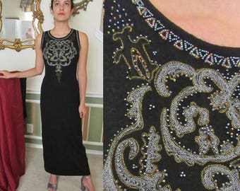 Sweater Dress Maxi, Beaded, Ornate, Vintage Cocktail Dress, Cut Out Back, Metallic, Vintage 90s