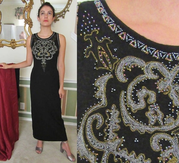 Sweater Dress Maxi, Beaded, Ornate, Vintage Cockta