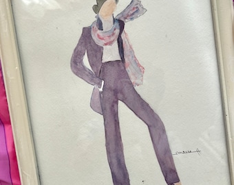 Vintage 1970s Fashion Watercolor Painting, Artist Signed, Framed
