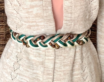 Vintage 80s Earth Tones Woven Belt, Wood Beads, Bronze Tone Beads, Fits S-M