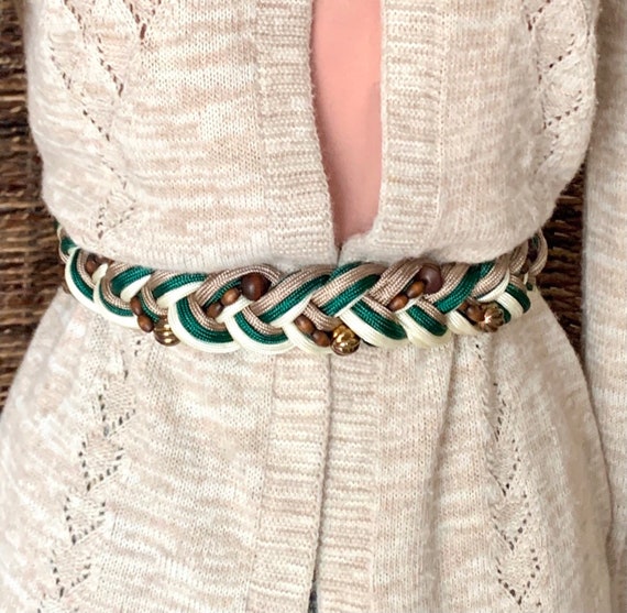 1980\'s woven rope belt gold with green and gold wooden beading Vintage 80 main image 2
