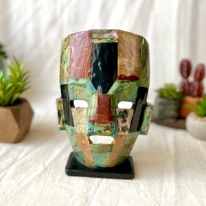 Aztec Warrior, Mayan Mask, Inlaid Abalone, Inlay Shell, Faux Turquoise, Mexico, Vintage Home Decor image 6