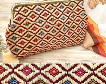 Diamond Geometric Design, Needlepoint Tapestry Clutch Purse, Jewel Tone Colors, Vegan, Vintage 60s