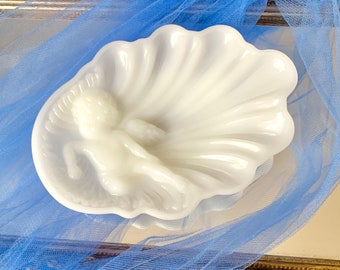 Vintage Glass Trinket Dish, Cherub, Angel, Scallop Shape, Avon, Ring Holder, White Milk Glass