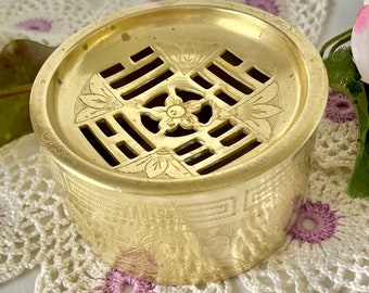 Brass Trinket Box, Engraved Floral Design, Cut Out Lid, Etched Brass Box, Incense Box, Vintage Home Decor