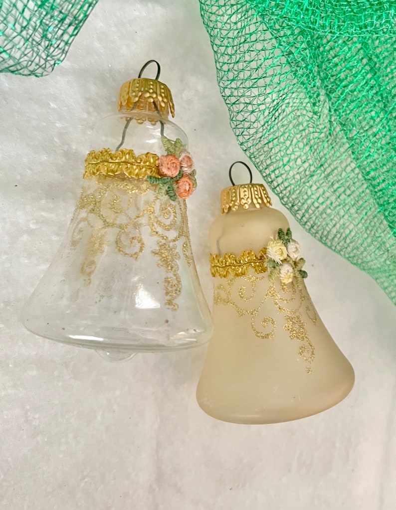 Vintage Glass Bell Ornaments, Lot 2, Holiday Decor, Christmas, Ornate Embellished image 3