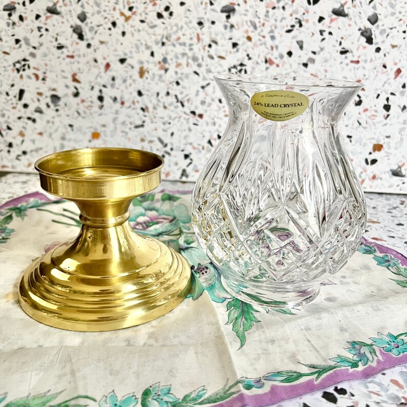 Vintage Brass Candle Holder, Engraved Crystal, Home Decor, Mid Century image 4