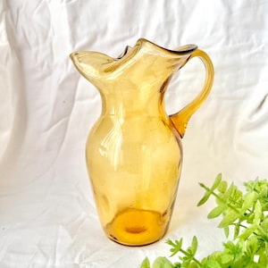Glass Pitcher, Artstic Shape, Amber Gold Glass, Vintage Ewer, Mid Century Glassware, Sustainable Living, Sustainable Home Decor